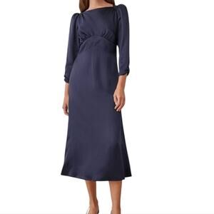 Reformation Arklow Silk Midi Dress Navy Blue